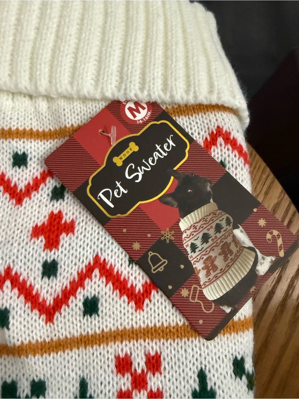Pet Sweater - White with Red & Green Holiday Pattern Size M